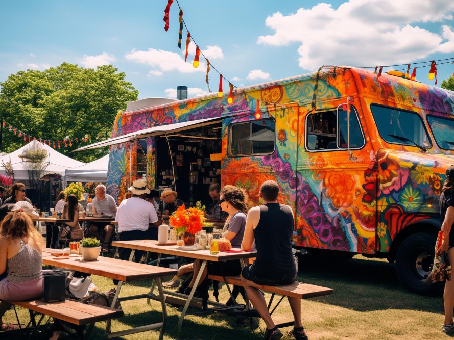 Kleurrijk beschilderde foodtruck met picknicktafels op een zonnig festival