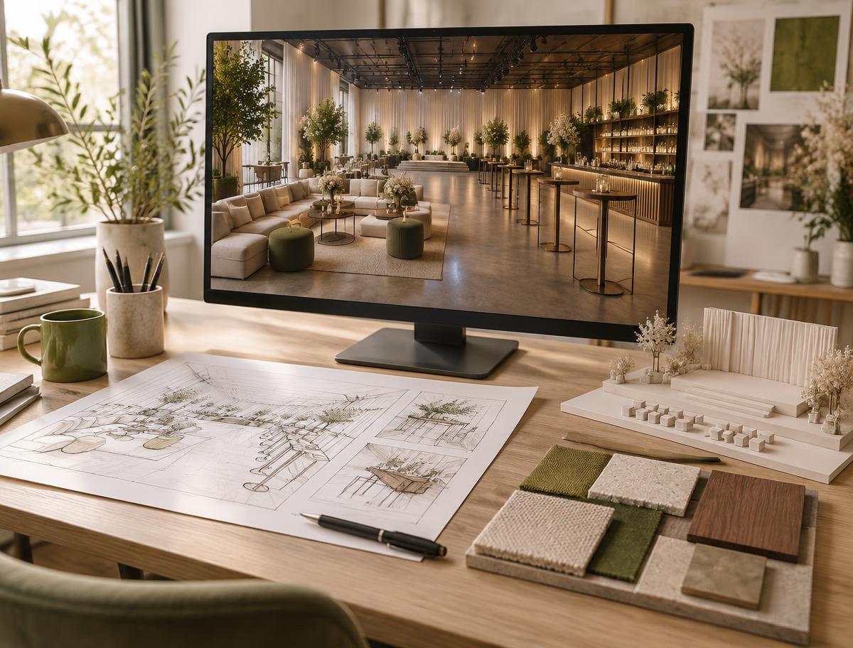 3D-visualisatie van een eventopzet op een beeldscherm, met schetsen en materiaalstalen