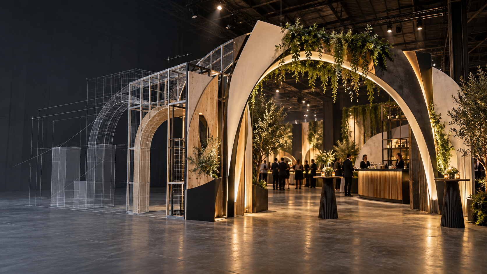 3D-ontwerp van een bloemenboog als onderdeel van een eventconcept