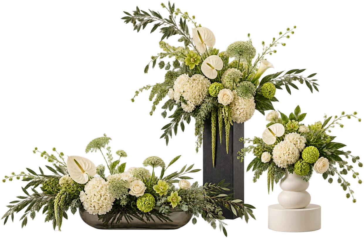 Bloemdecoratie: witte en groene bloemstukken op zuiltjes en in vazen