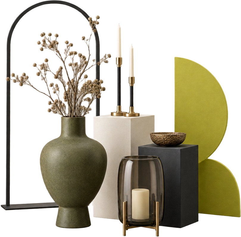 Decoratie en accessoires: vaas, kandelaars, lantaarn en decoratieve vormen