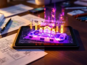 Split-screen vergelijking van platte 2D blauwdrukken links en levendige 3D holografische festivalpodia rechts