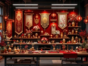 Elegante werkplaats met diverse decoratiemogelijkheden: festivalbanners, bloemstukken, verlichting en centerpieces