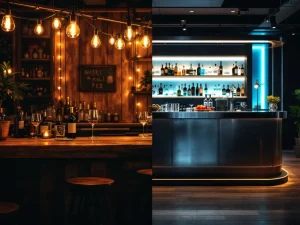 Vergelijking van twee barstijlen: rustieke houten bar met vintage verlichting links, moderne strakke bar rechts