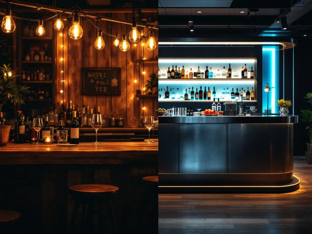 Vergelijking van twee barstijlen: rustieke houten bar met vintage verlichting links, moderne strakke bar rechts