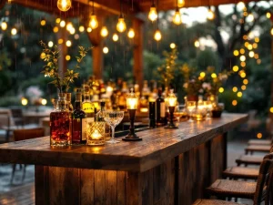 Luxe buitenbar van gerecycled hout met messing details, Edison lampen en kristallen glazen in warme avondsfeer