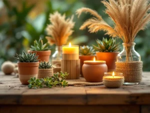 Duurzame decoratie met succulenten in terracotta potten, bamboe kaarsenhouders en pampagras op houten tafel