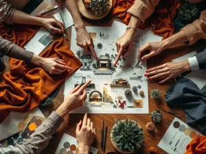 Handen werken samen aan evenementendecoratie ontwerpen met stoffen, schetsen en 3D prototypes op houten tafel