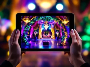 Handen houden tablet met 3D evenementdecoratie ontwerpen, luxe festival decoratie elementen op achtergrond