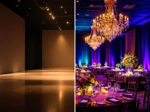 Voor-en-na transformatie evenementenlocatie: lege ruimte wordt luxe setting met paarse, gouden decoratie en bloemen