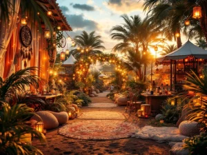 Diverse festivaldecoratiesscène met boheemse dreamcatchers, tropische lantaarns en rustieke carnavalelementen in gouden licht