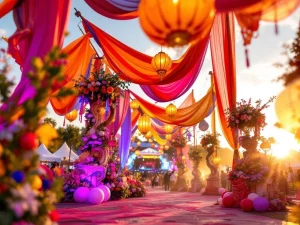 Kleurrijk buitenfestival bij zonsondergang met verlichte lantaarns, decoratieve stoffen en artistieke installaties