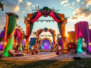 Uitgebreide festivalversiering met verlichte bogen, kleurrijke stoffen en professionele podiumapparatuur in buitenlocatie