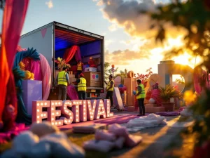 Festivaldecoratie leveringsvrachtwagen met arbeiders die kleurrijke banners en verlichte borden laden tijdens gouden uur