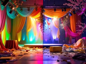 Festival decoraties voor en na schade: links perfecte verlichting en doeken, rechts beschadigde installaties en gebroken onderdelen