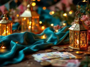 Luxe festivaldecoratie met gouden lantaarns, kleurrijke vlaggetjes en eurobankbiljetten op houten tafel voor verhuurservice