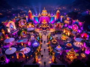 Luchtfoto van kleurrijk festival met paarse en gouden decoraties, verlichte bogen en professionele eventstijling