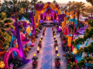 Luchtfoto van kleurrijk festivalterrein met paarse, gouden en turquoise decoraties, verlichte bogen en artistieke installaties