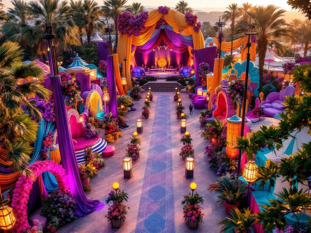 Luchtfoto van kleurrijk festivalterrein met paarse, gouden en turquoise decoraties, verlichte bogen en artistieke installaties