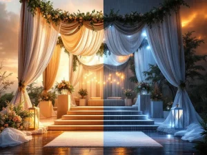 Elegante festivaldecoraties in split-beeld: links bij helder weer, rechts waterproof beschermd tegen zware regen