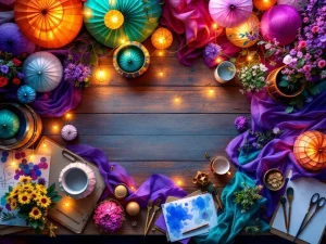 Luchtfoto van kleurrijke feestdecoratie op houten werkbank: papieren lantaarns, ballonbogen, stoffen en LED-lichten