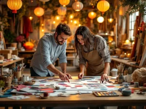 Twee professionals werken samen aan festivaldecoratieplannen in creatieve workshop met stoffen en decoratiemateriaal