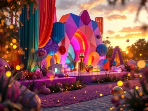 Kleurrijke festivalscène met geometrische podiumdecor, verlichte sculpturen en moderne decoratie-elementen bij gouden uur