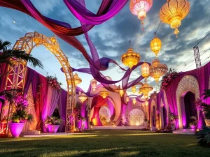 Professionele festivaldecoraties met verlichte bogen, kleurrijke stoffen, lantaarns en geometrische achtergronden in paars en goud