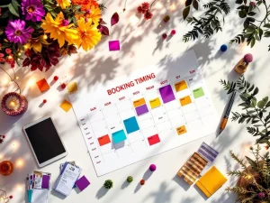 Bovenaanzicht van evenementenplanning werkruimte met kalender, festival decoraties en tablet met tijdlijn schema