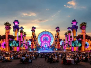 Groot festivalterrein met verlichte decoratieve installaties, LED-structuren en sculpturen tijdens gouden uur