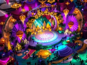 Luchtfoto van festival podium in opbouw met paarse, gouden en groene decoraties en professionele verlichting