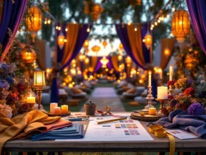 Stylist werkplek met stofstalen en kleurpaletten op houten tafel, op achtergrond elegant festival met gouden verlichting