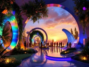 Futuristisch festivalterrein met holografische lichtinstallaties, bamboe bogen met LED-ranken en gouden uurverlichting