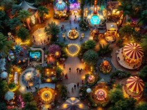 Luchtfoto van kleurrijke festivalzones met bohemian, futuristische neon, bosthema en vintage kermiselementen