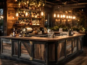 Luxe houten L-vormige bar met Edison verlichting, messing accenten en professionele glaswerk voor grote groepen