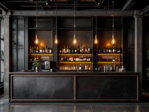 Industriële bar met stalen frame, Edison lampen, koperen accenten en premium flessen in urban loft sfeer