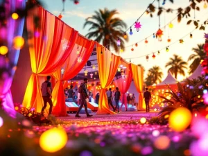 Interactieve LED-lichtinstallatie op festival met kleurrijke decoraties en bewegende kunstwerken in gouden uurtje