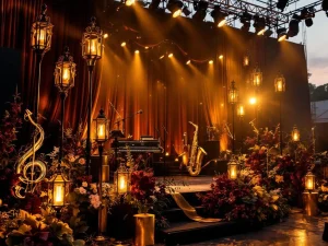 Jazz festival podium met gouden verlichting, zwart-gouden decoraties, saxofoons, trompetten en paarse bloemen