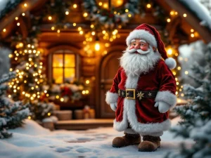 Kerstman ornament voor gezellig houten chalet met kerstverlichting, slingers en sneeuw op de grond