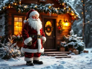 Fotorealistische kerstman in rood fluweel voor verlichte houten kersthut met sneeuw en kerstverlichting