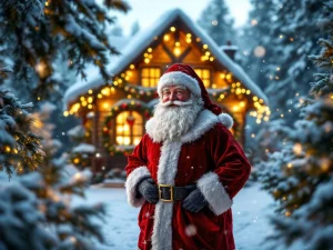 Kerstman decoratie in rode fluwelen pak voor verlichte houten kersthut met sneeuw en kerstverlichting