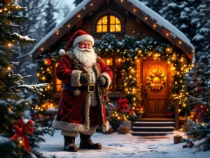 Kerstman decoratie voor verlichte houten kersthut met gouden verlichting en kerstversieringen in de sneeuw