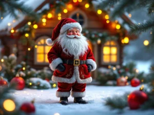 Kerstman figuur in rood fluweel voor verlichte houten kersthuis met sneeuw, dennentakken en kerstverlichting