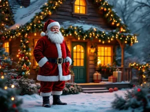 Kerstman in traditioneel rood pak staat voor verlichte kersthut met kerstversiering en sneeuw