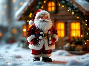 Kerstman figuur in rood fluweel voor verlichte kersthuis met sneeuw en kerstverlichting