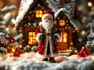 Kerstman beeldje in rood fluweel voor miniatuur kersthuis met sneeuw, dennentakken en warme verlichting