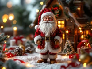 Kerstman figuur in rood fluweel voor verlicht miniatuur kersthuis met sneeuw, dennentakken en gouden ornamenten