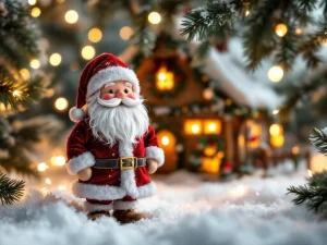 Kerstman figuur in rood fluweel voor verlicht miniatuur kersthuis in sneeuw met kerstverlichting