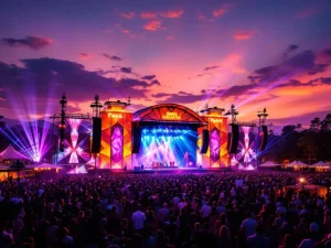 Buitenfestival bij zonsondergang met kleurrijke LED-verlichting, verlichte podiumstructuren en dramatische lichtstralen door mist