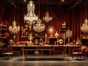 Luxe evenementdecoratie met kristallen kroonluchters en gouden kandelaars in verhuurmagazijn